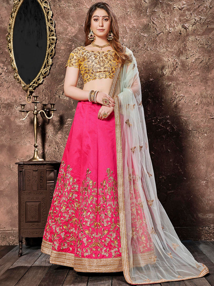 Yellow-Pink Art Silk Embroidered Semi Stitched Lehenga Choli with Dupatta