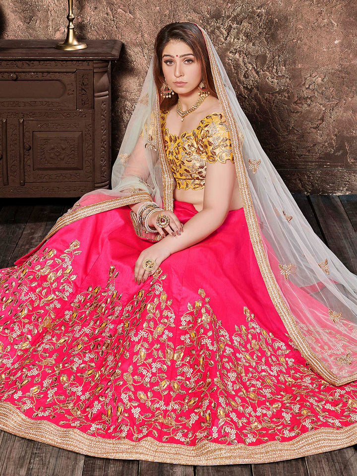 Yellow-Pink Art Silk Embroidered Semi Stitched Lehenga Choli with Dupatta