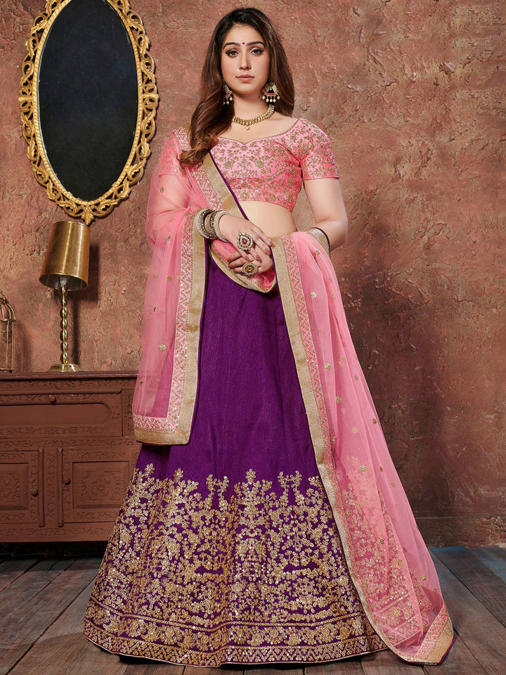 Pink-Purple Art Silk Embroidered Semi Stitched Lehenga Choli with Dupatta