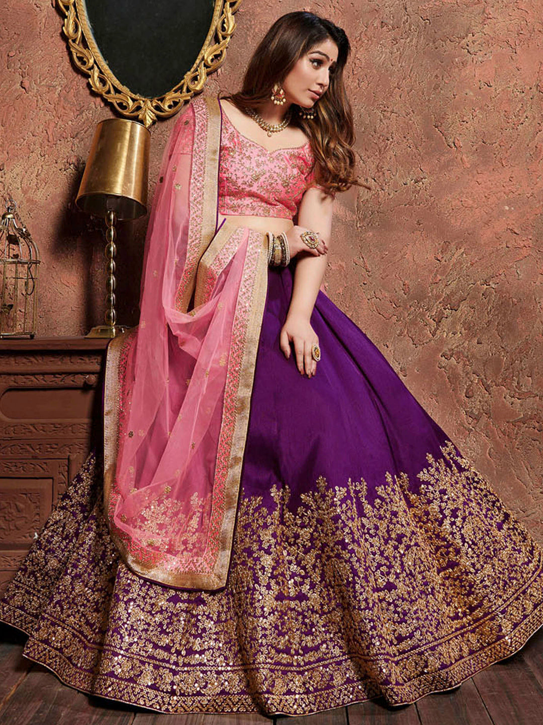 Pink-Purple Art Silk Embroidered Semi Stitched Lehenga Choli with Dupatta