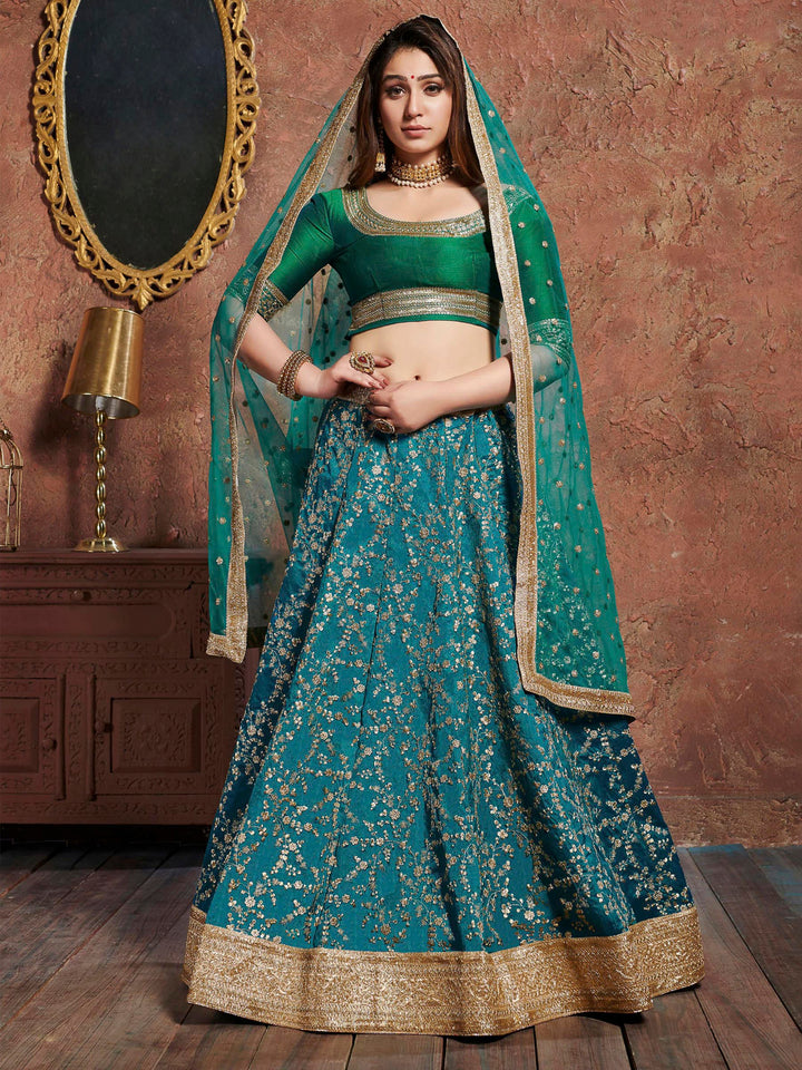 Turquoise Art Silk Embroidered Semi Stitched Lehenga Choli with Dupatta