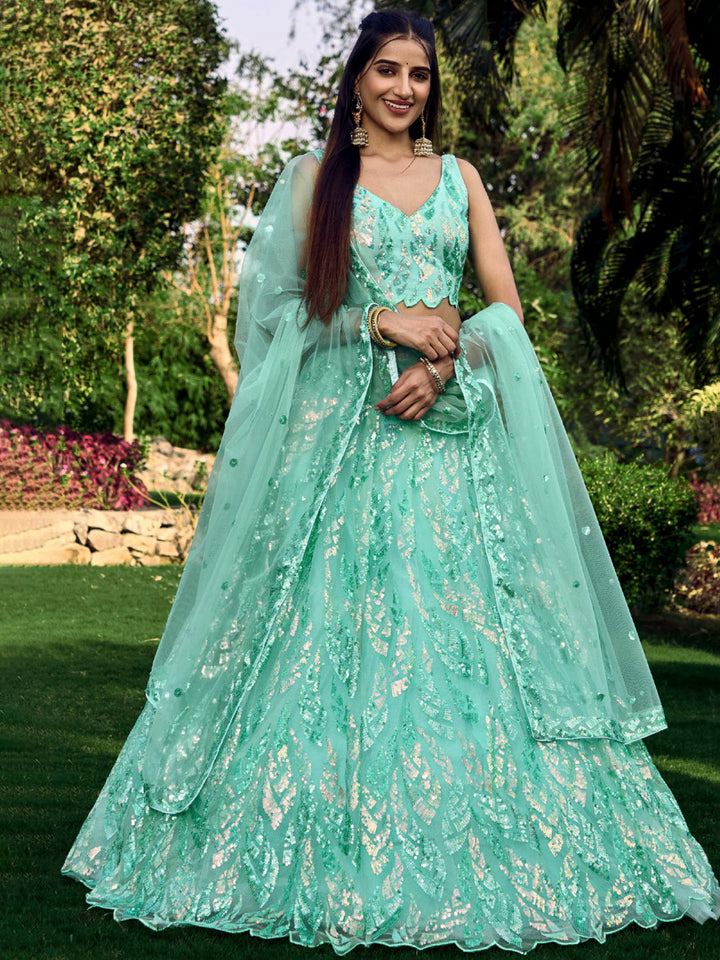 Blue Net Embroidered Semi Stitched Lehenga Choli with Dupatta