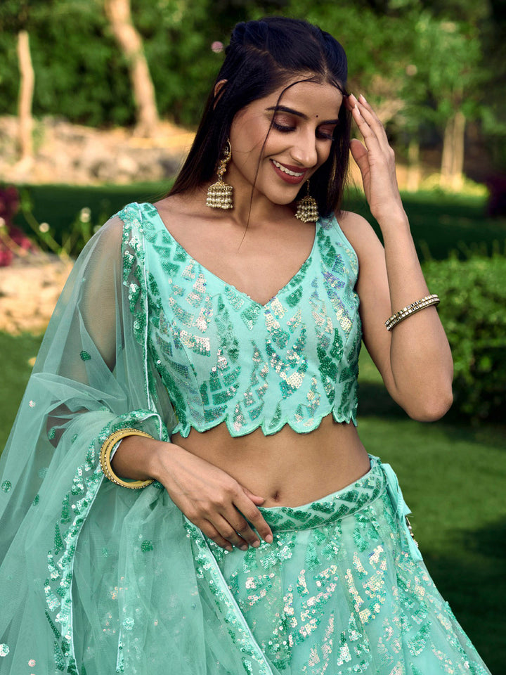 Blue Net Embroidered Semi Stitched Lehenga Choli with Dupatta