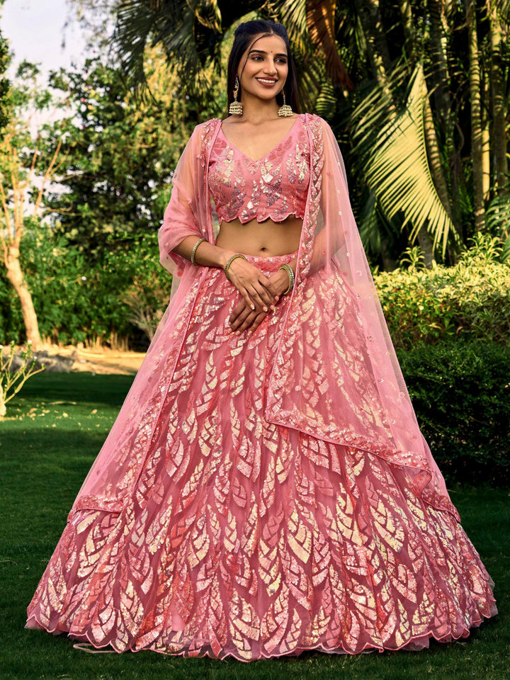 Pink Net Embroidered Semi Stitched Lehenga Choli with Dupatta