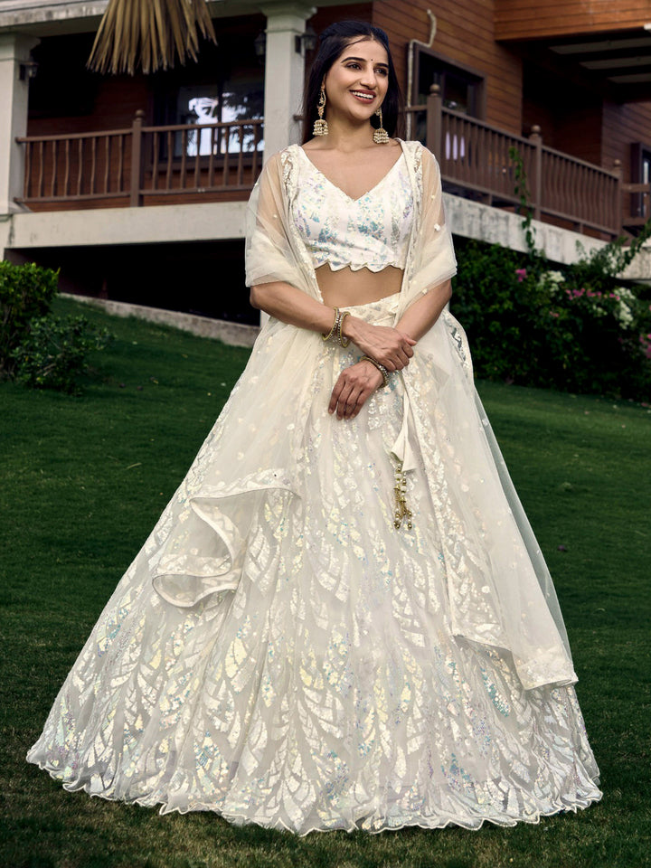 White Net Embroidered Semi Stitched Lehenga Choli with Dupatta