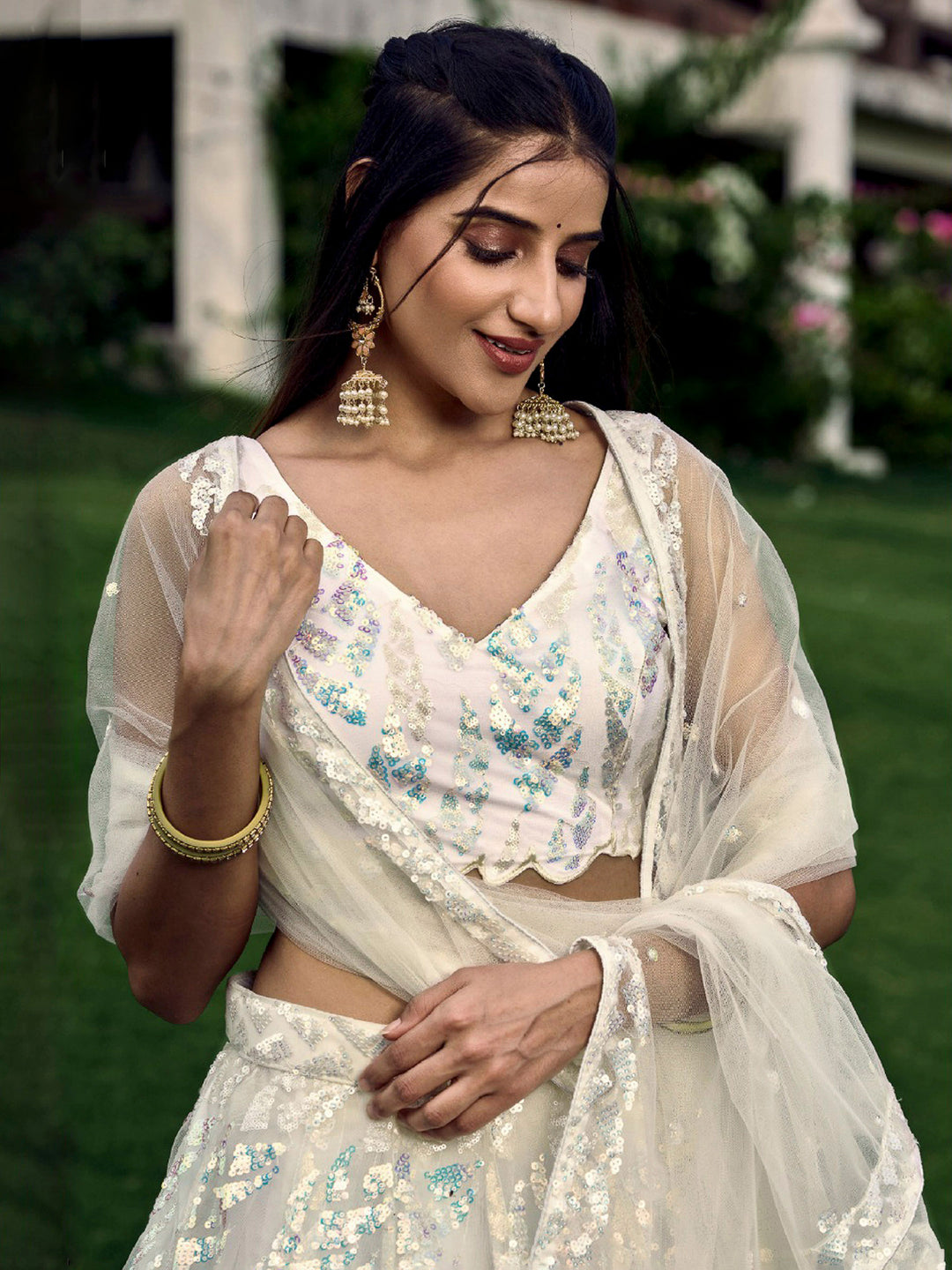 White Net Embroidered Semi Stitched Lehenga Choli with Dupatta