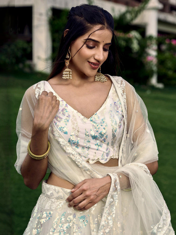 White Net Embroidered Semi Stitched Lehenga Choli with Dupatta