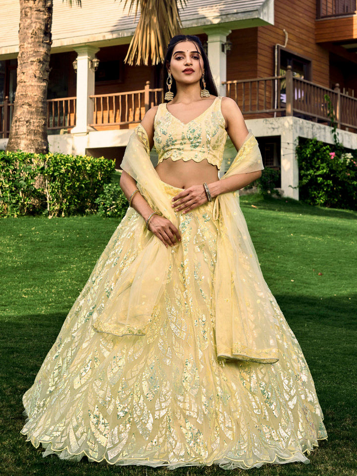 Yellow Net Embroidered Semi Stitched Lehenga Choli with Dupatta