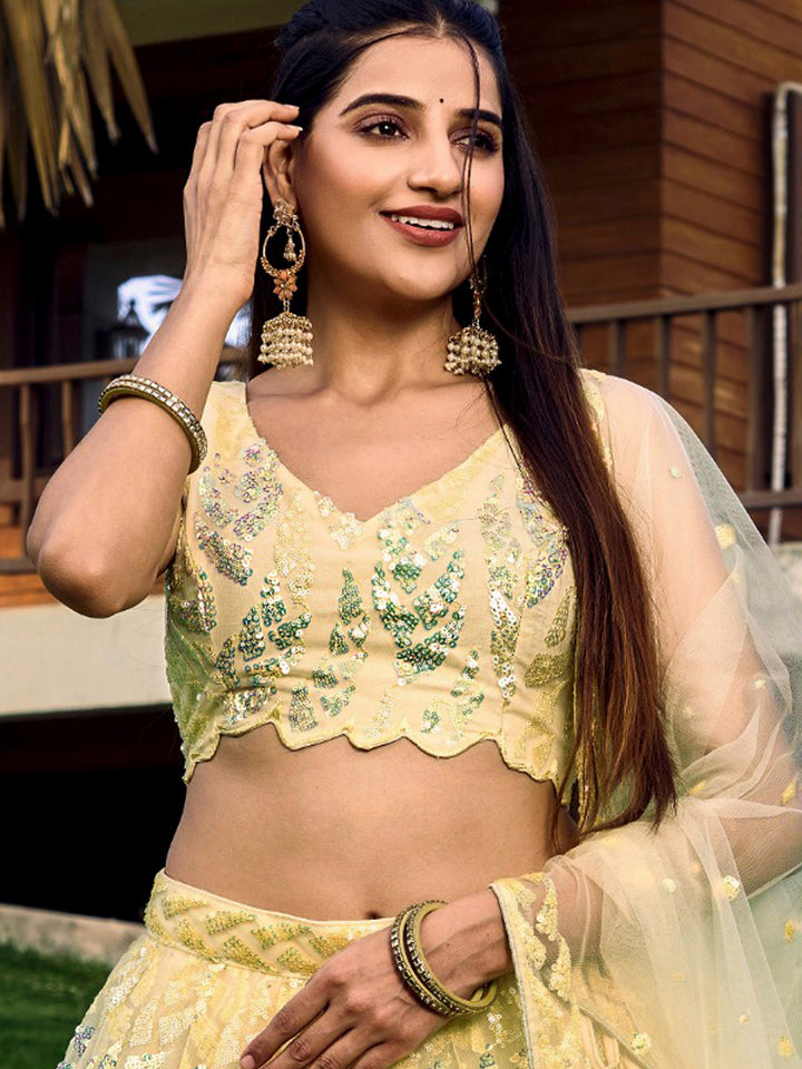 Yellow Net Embroidered Semi Stitched Lehenga Choli with Dupatta