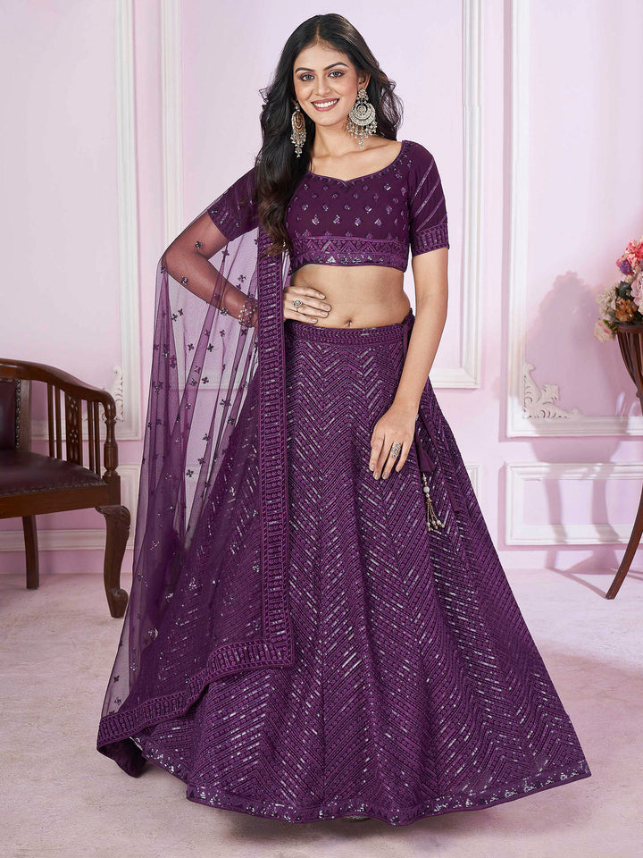 Purple Georgette Embroidered Semi Stitched Lehenga Choli with Dupatta