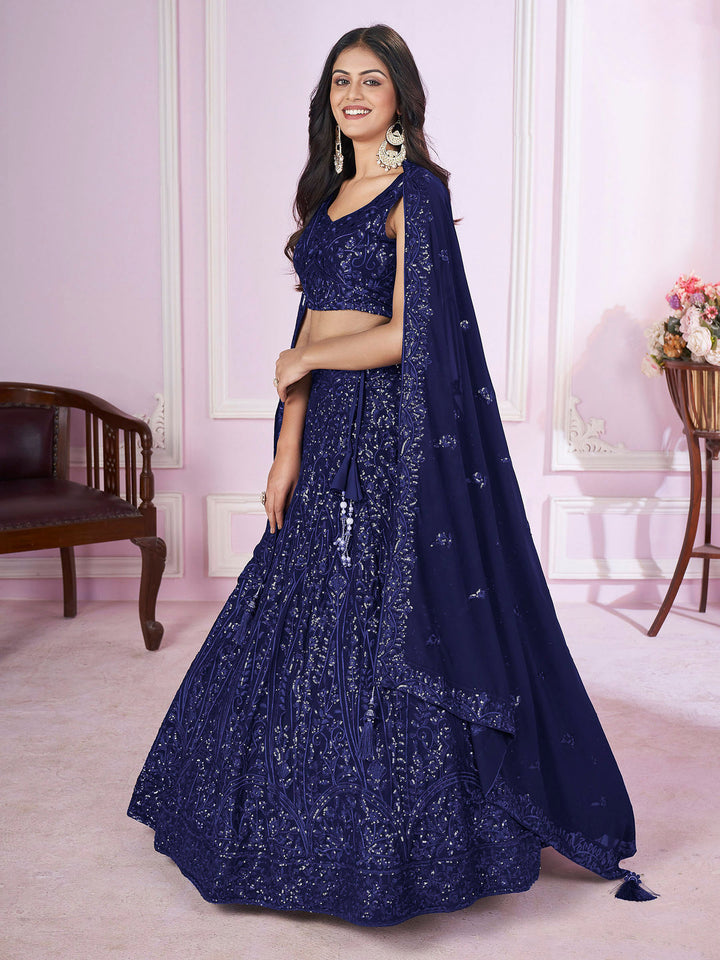Blue Georgette Embroidered Semi Stitched Lehenga Choli with Dupatta