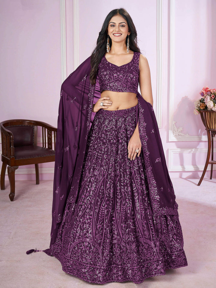 Purple Georgette Embroidered Semi Stitched Lehenga Choli with Dupatta