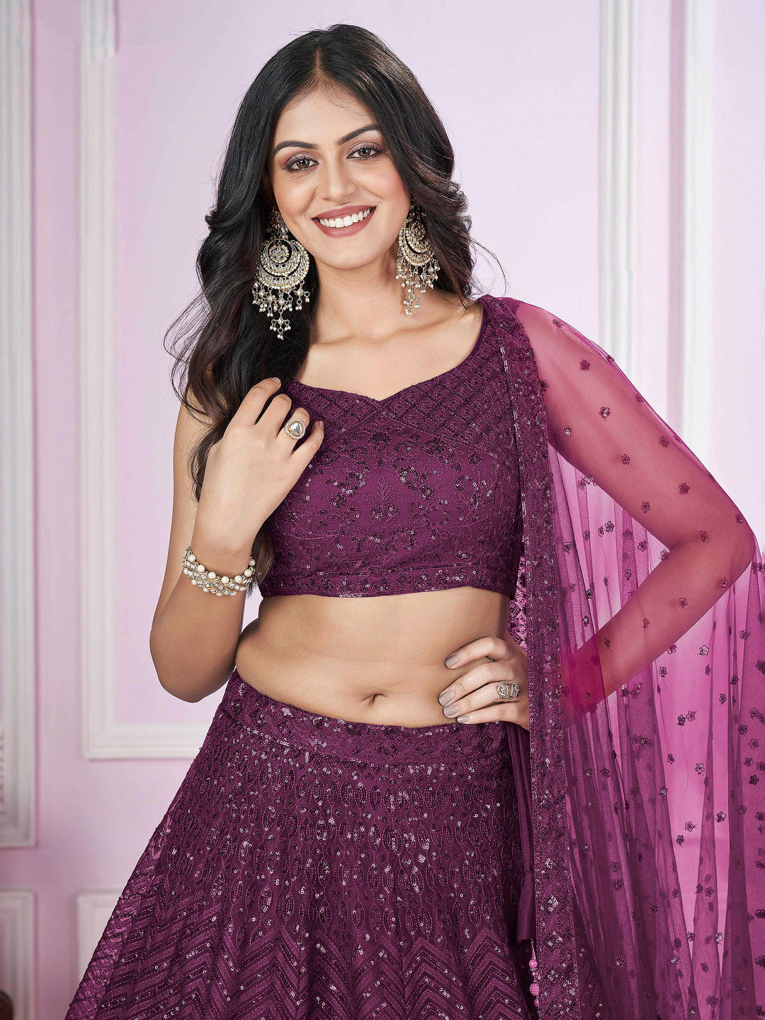 Purple Net Embroidered Semi Stitched Lehenga Choli with Dupatta