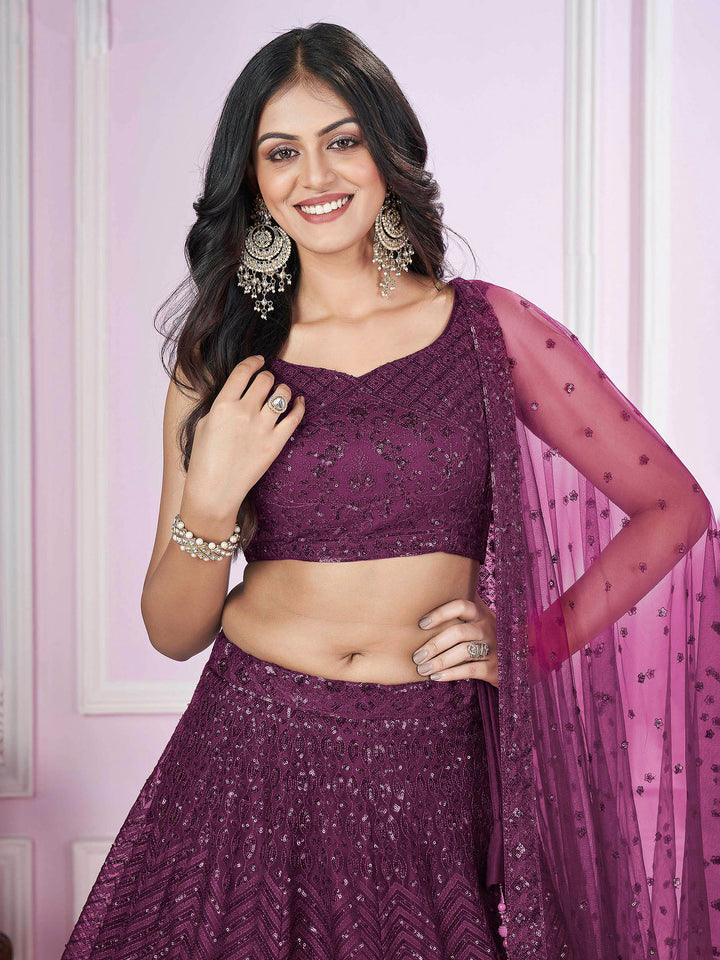 Purple Net Embroidered Semi Stitched Lehenga Choli with Dupatta