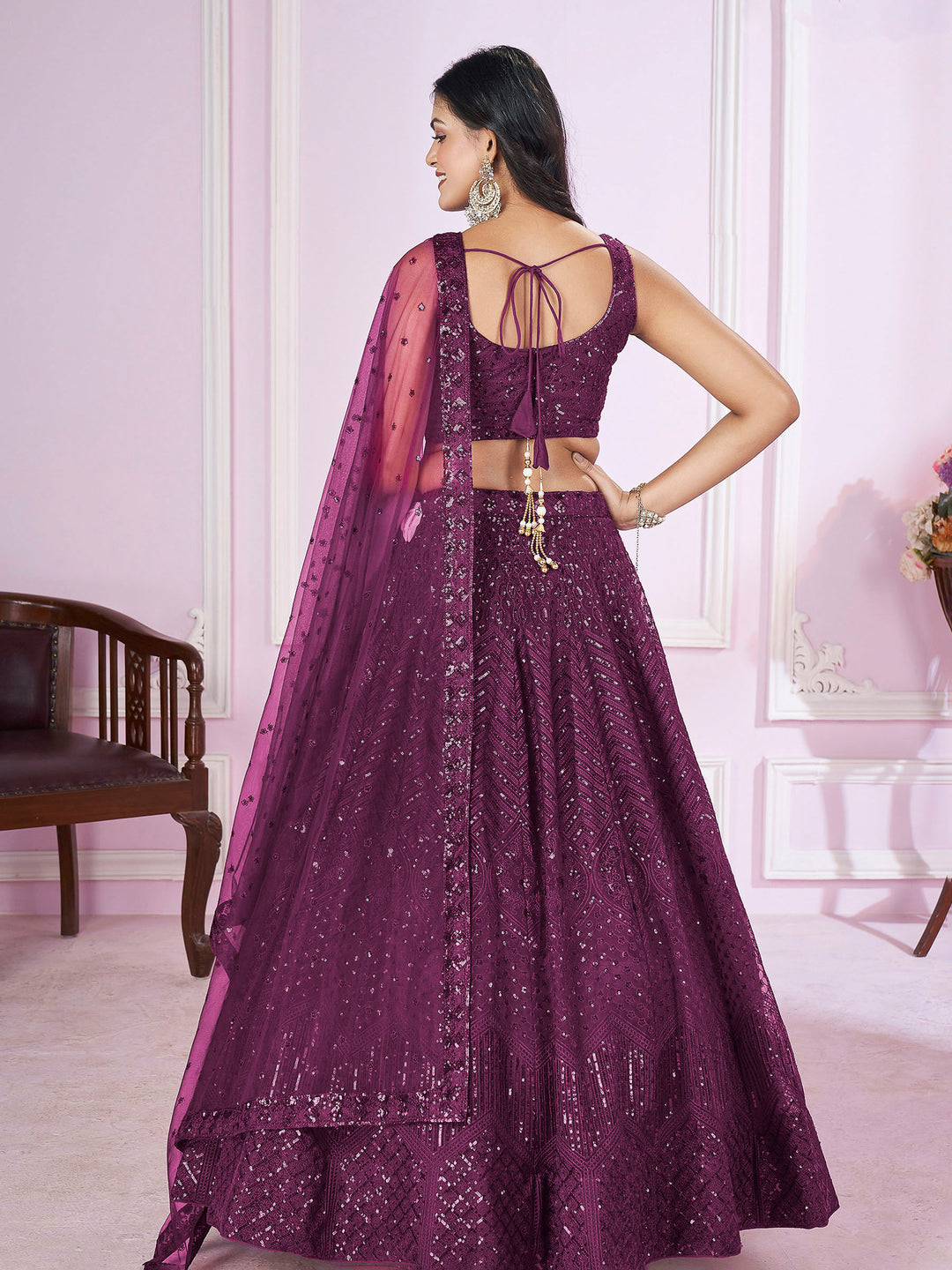 Purple Net Embroidered Semi Stitched Lehenga Choli with Dupatta