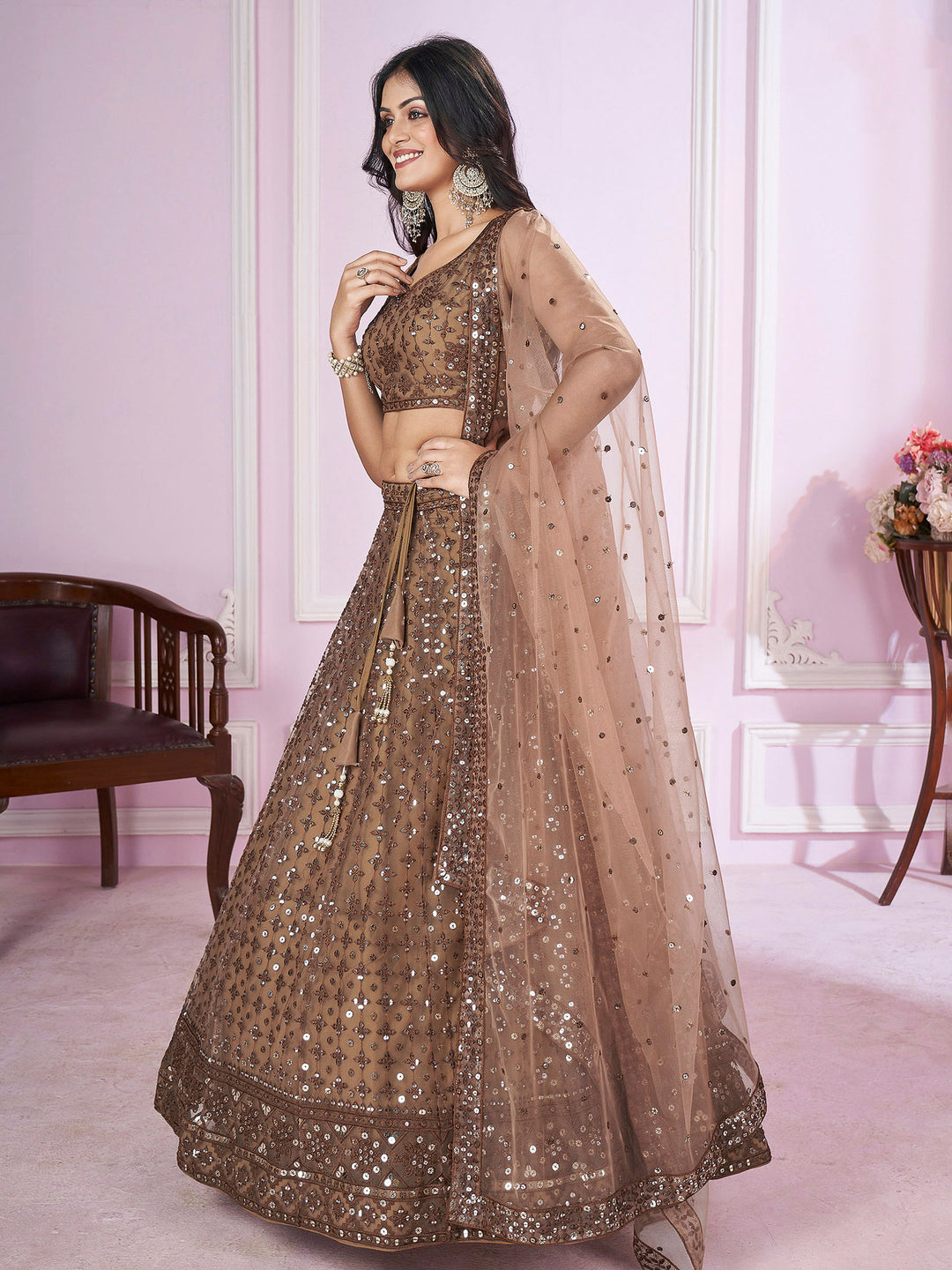 Brown Net Embroidered Semi Stitched Lehenga Choli with Dupatta