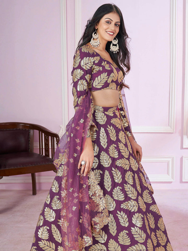 Purple Georgette Embroidered Semi Stitched Lehenga Choli with Dupatta