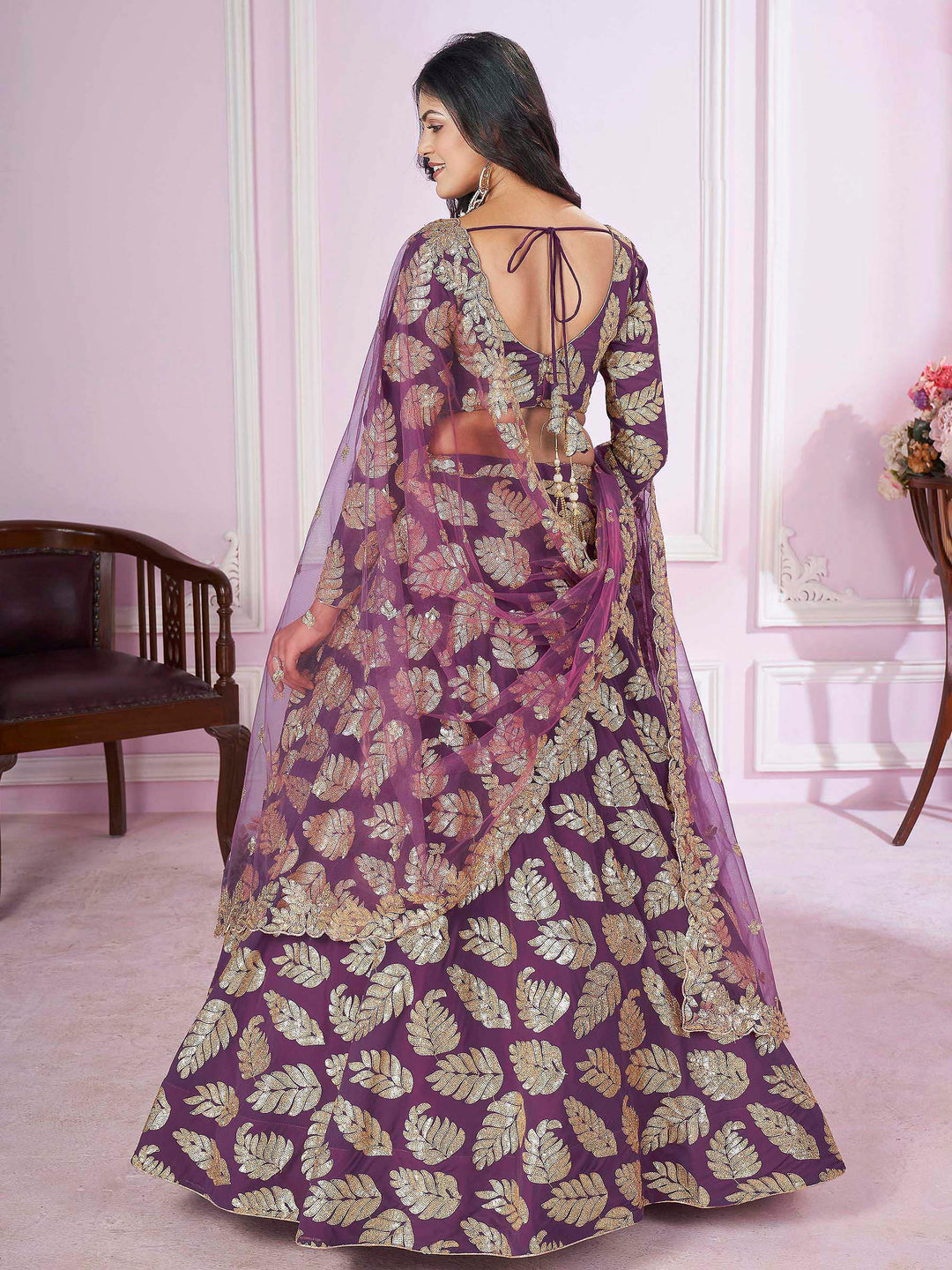 Purple Georgette Embroidered Semi Stitched Lehenga Choli with Dupatta