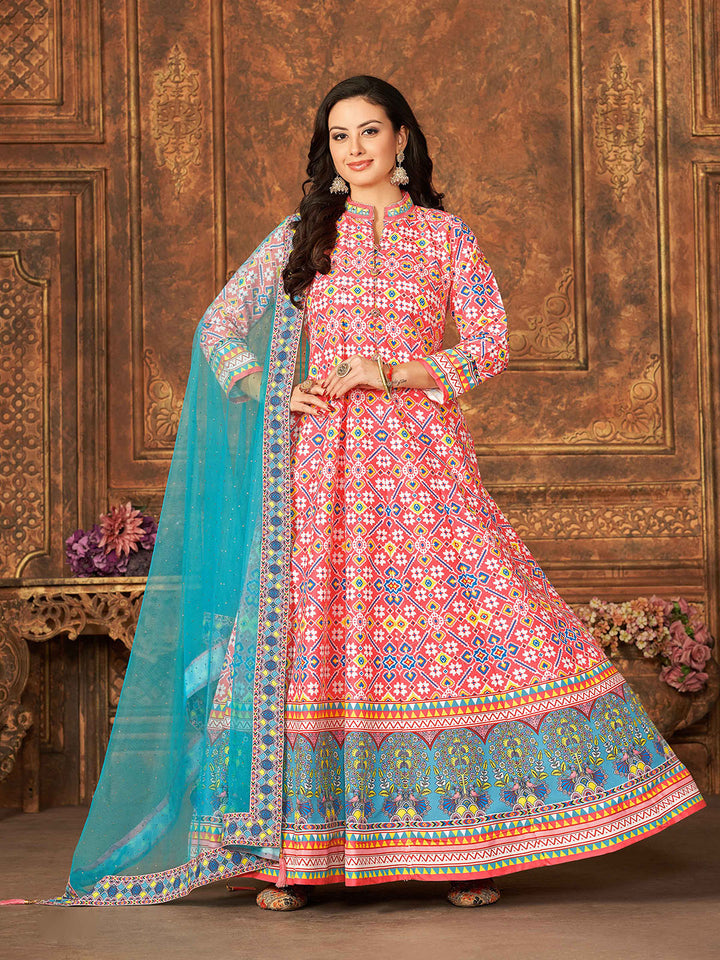Pink Embroidered Art Silk Semi Stitched Gown With Dupatta