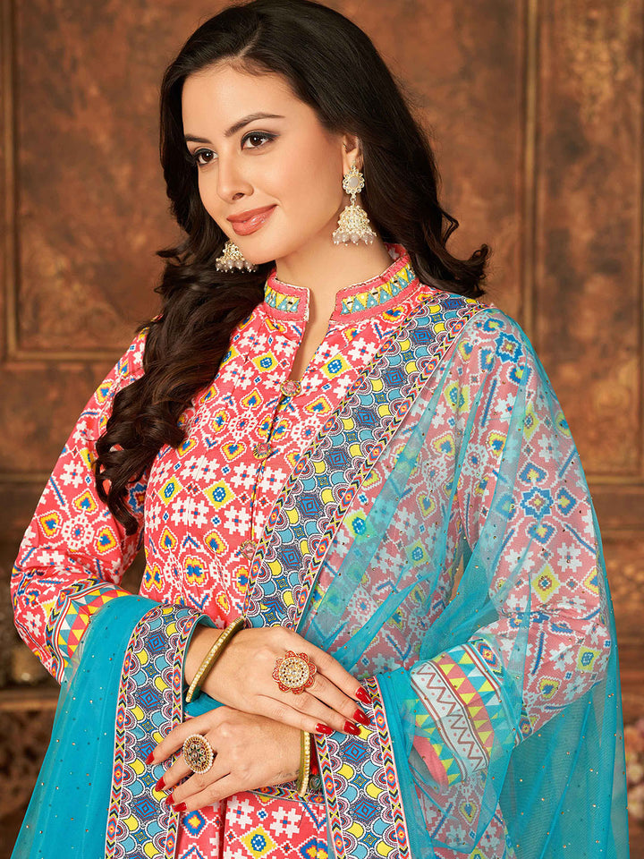 Pink Embroidered Art Silk Semi Stitched Gown With Dupatta