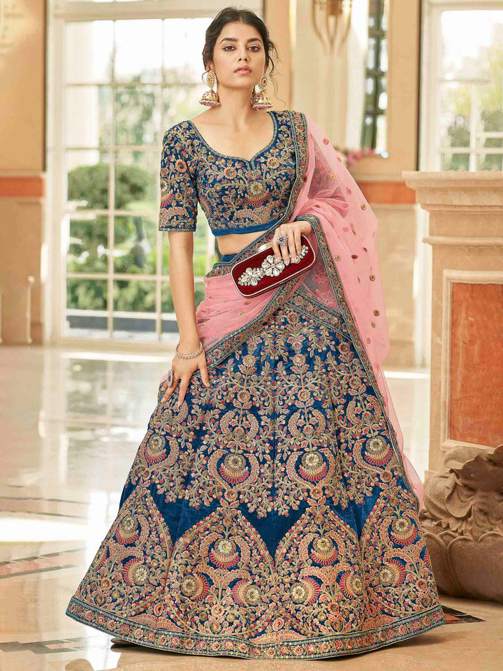 Blue Velvet Embroidered Semi Stitched Lehenga Choli with Dupatta