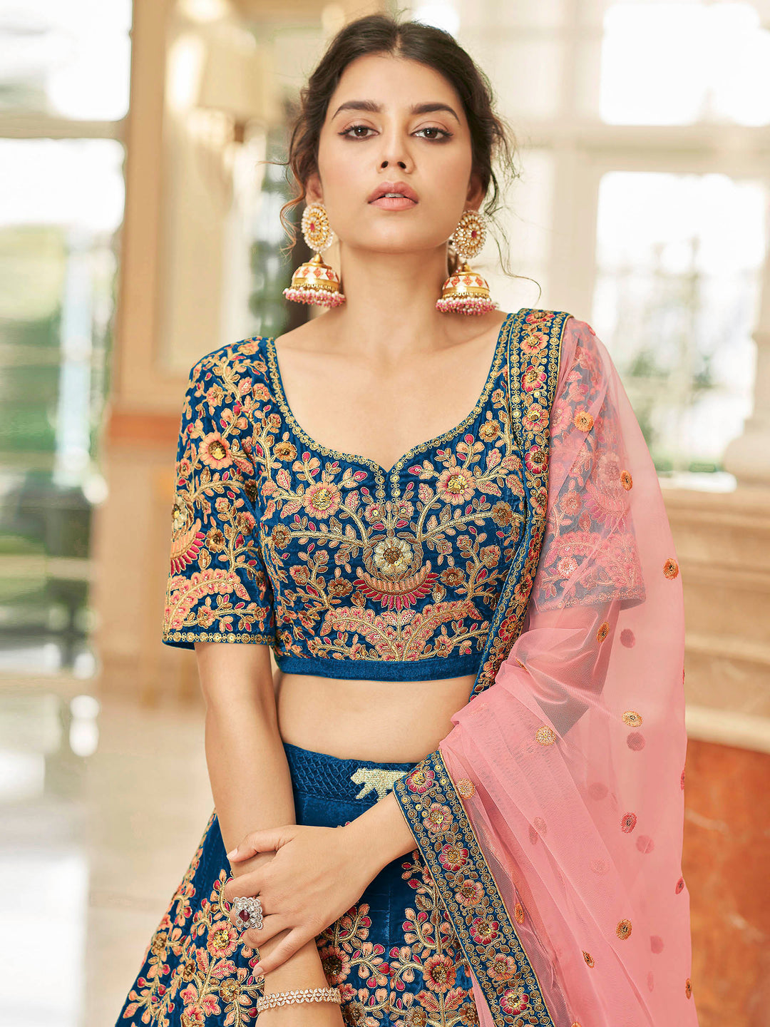 Blue Velvet Embroidered Semi Stitched Lehenga Choli with Dupatta