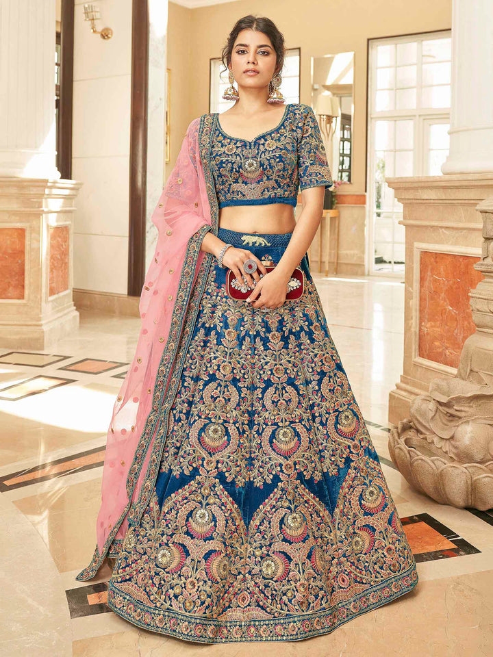 Blue Velvet Embroidered Semi Stitched Lehenga Choli with Dupatta