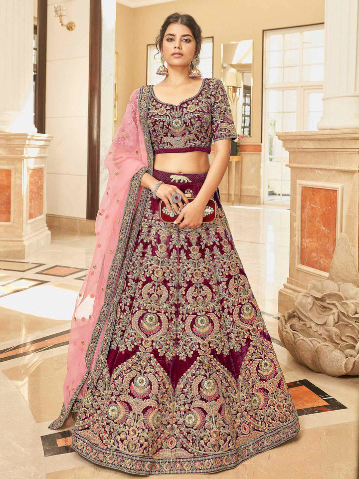 Maroon Velvet Embroidered Semi Stitched Lehenga Choli with Dupatta