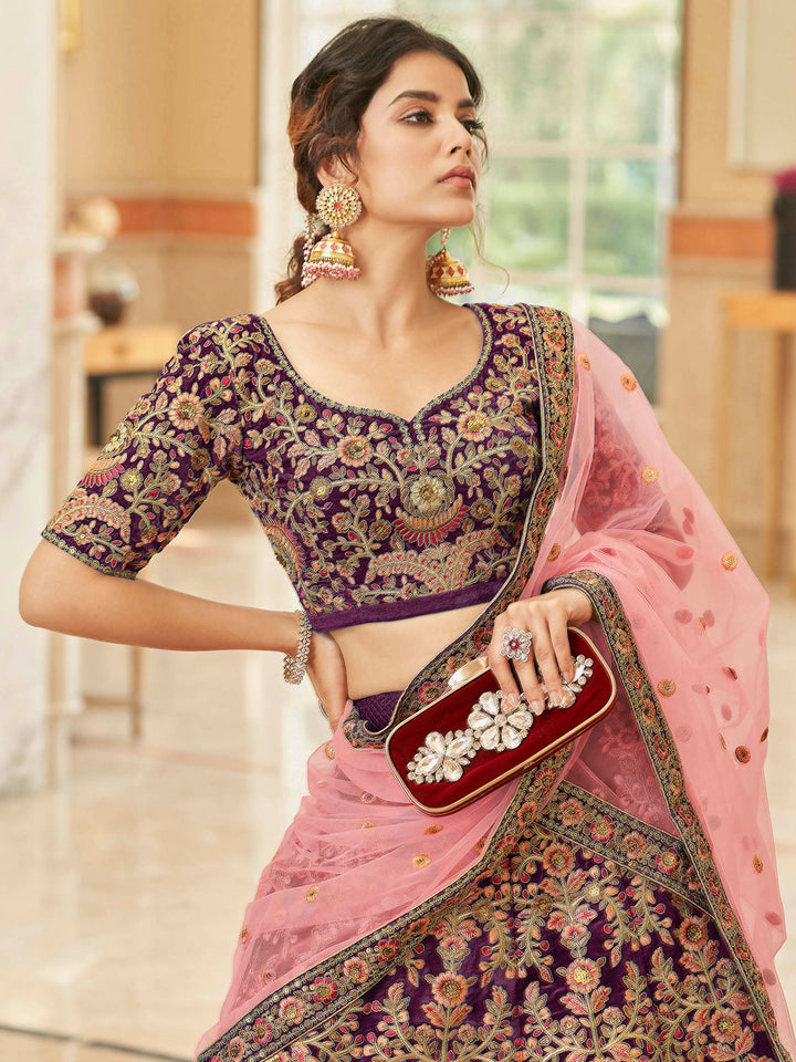 Maroon Velvet Embroidered Semi Stitched Lehenga Choli with Dupatta