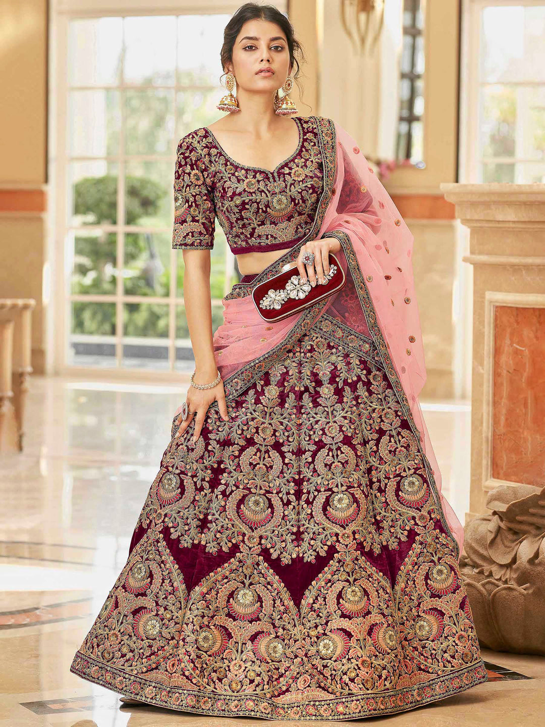 Maroon Velvet Embroidered Semi Stitched Lehenga Choli with Dupatta