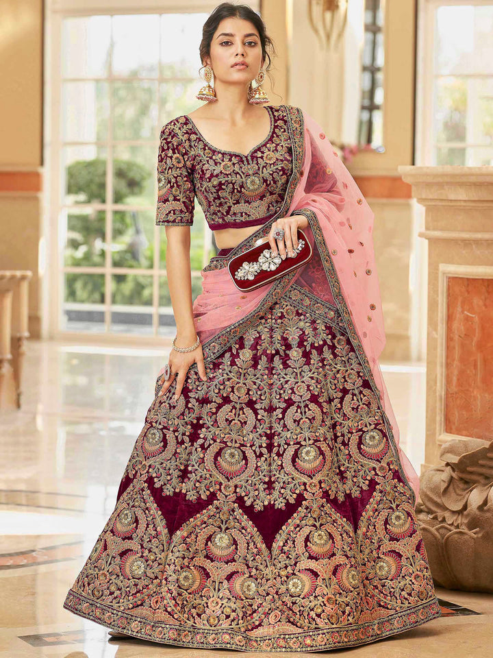 Maroon Velvet Embroidered Semi Stitched Lehenga Choli with Dupatta