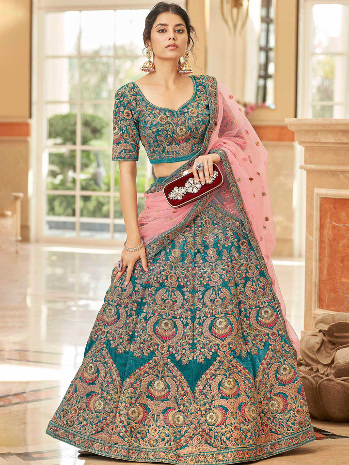 Teal Green Velvet Embroidered Semi Stitched Lehenga Choli with Dupatta