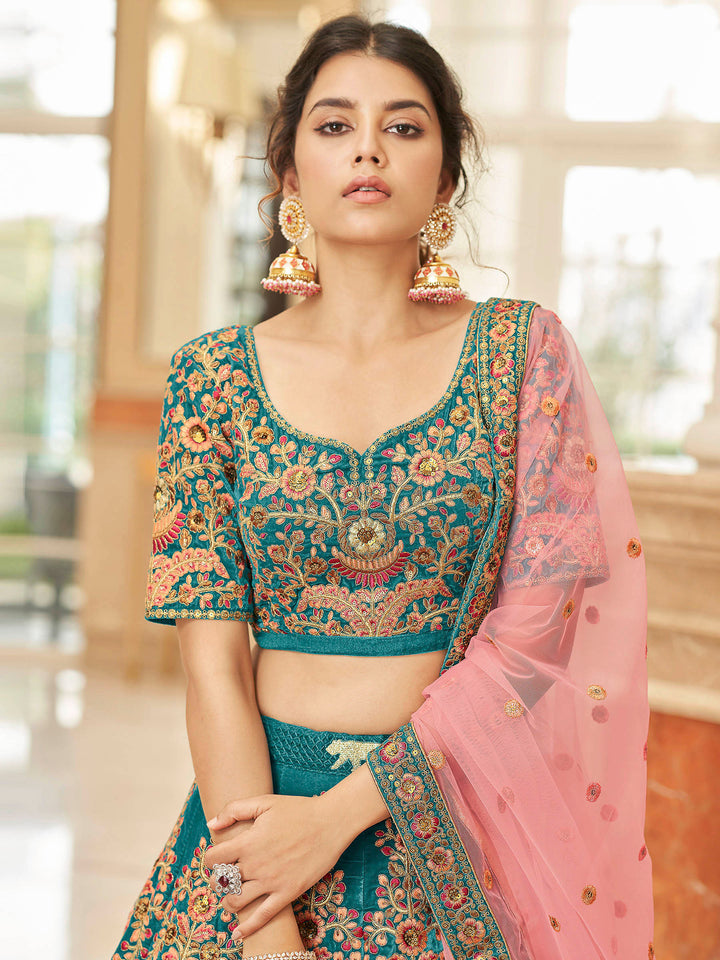 Teal Green Velvet Embroidered Semi Stitched Lehenga Choli with Dupatta
