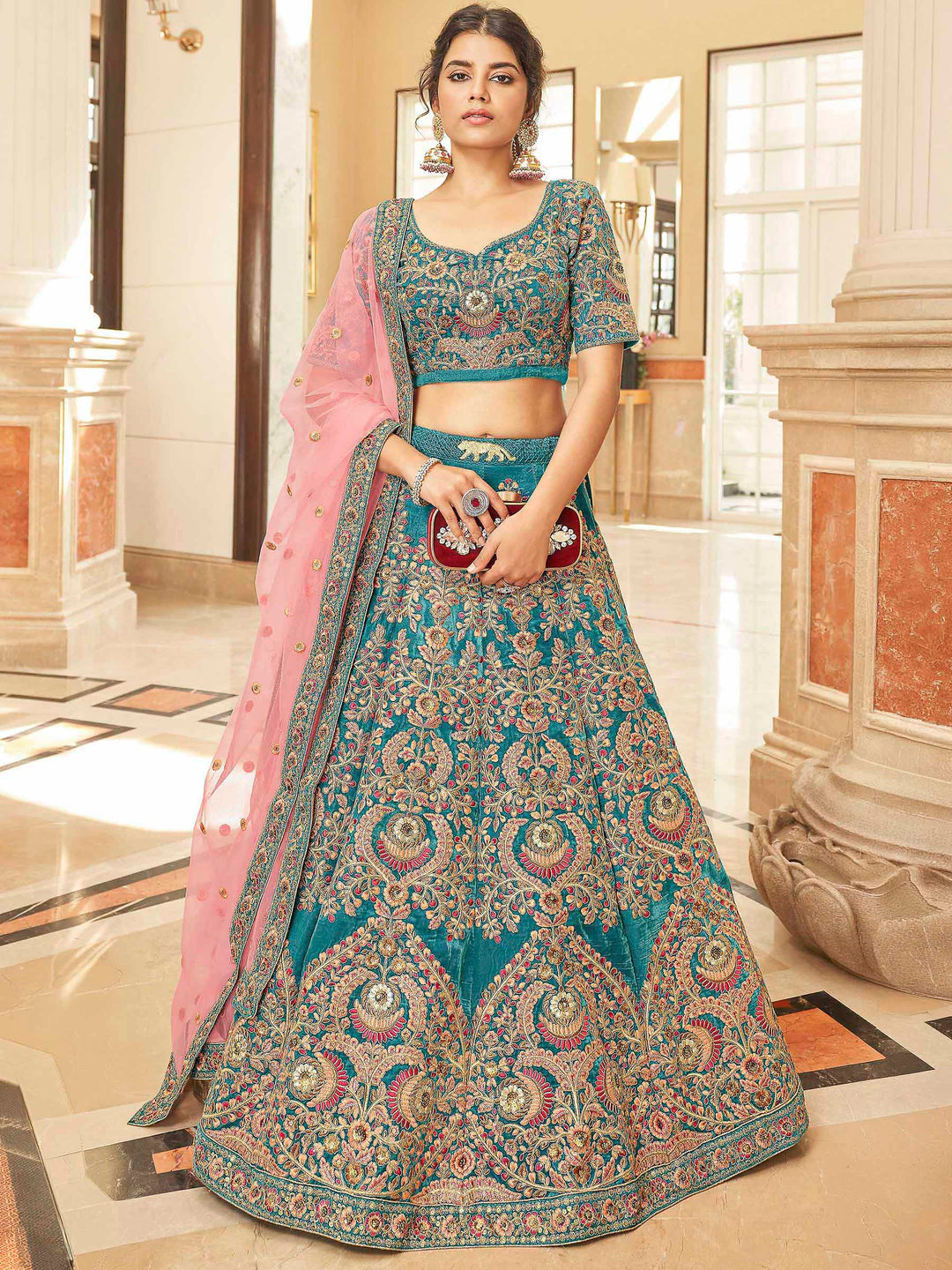 Teal Green Velvet Embroidered Semi Stitched Lehenga Choli with Dupatta