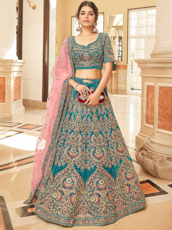 Teal Green Velvet Embroidered Semi Stitched Lehenga Choli with Dupatta