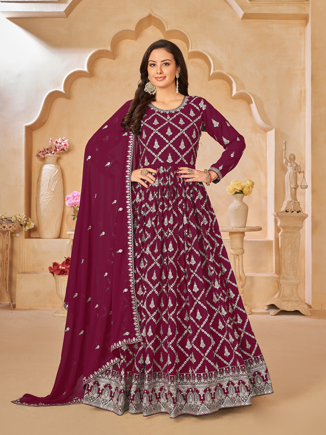Wine Embroidered Georgette Semi Stitched Kurta With Churidar Pajami &amp; Dupatta