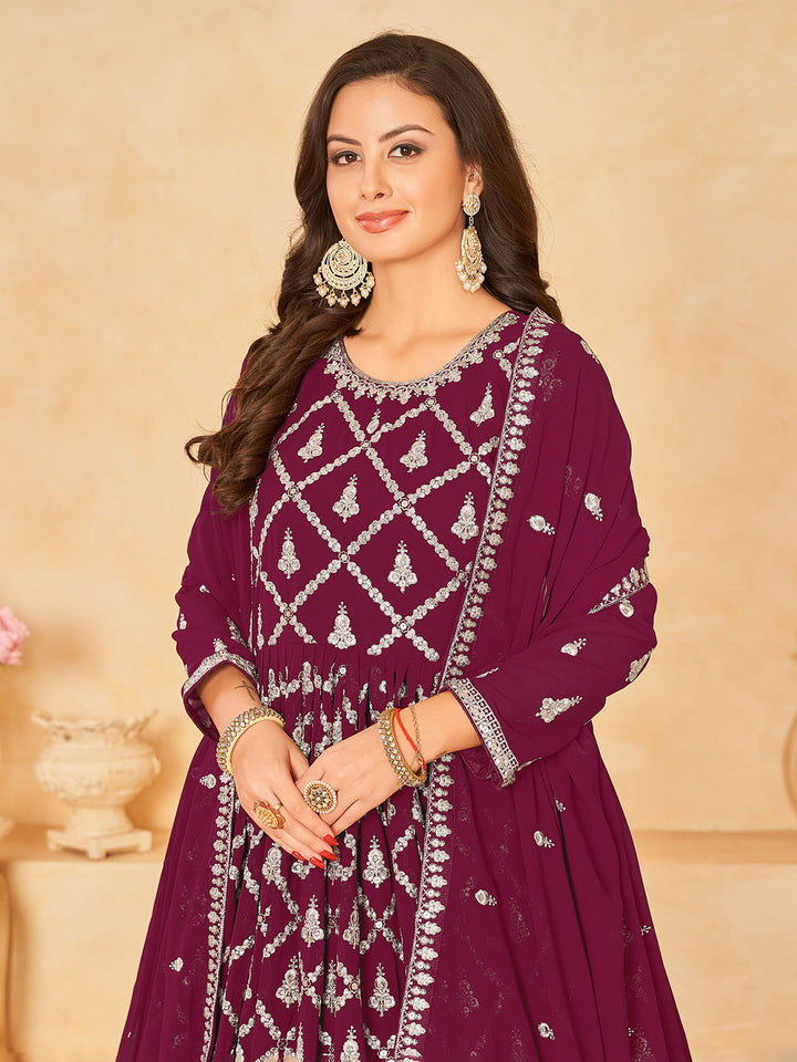 Wine Embroidered Georgette Semi Stitched Kurta With Churidar Pajami &amp; Dupatta