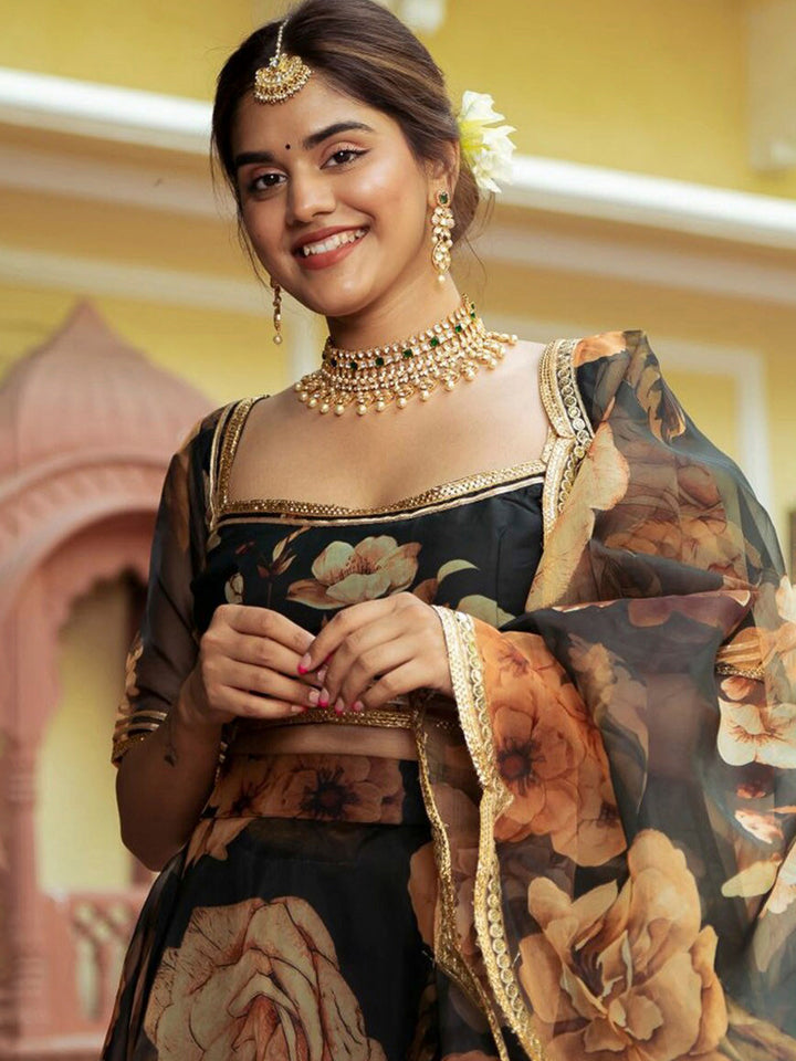 Black Organza Embroidered Semi Stitched Lehenga Choli with Dupatta