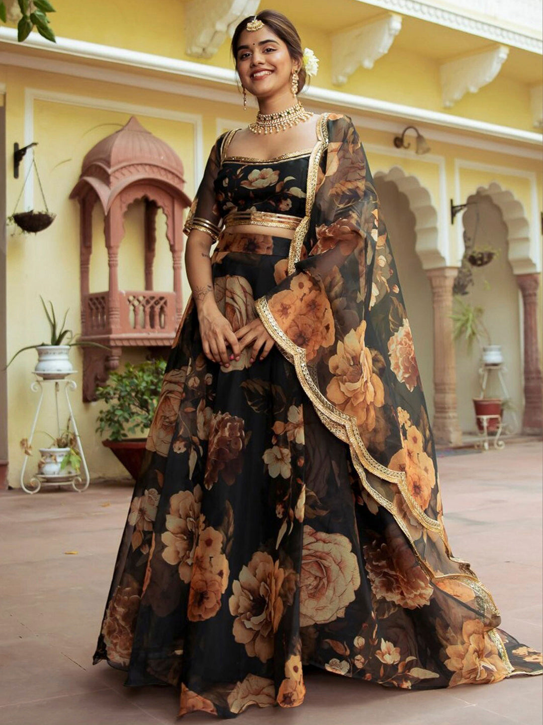 Black Organza Embroidered Semi Stitched Lehenga Choli with Dupatta