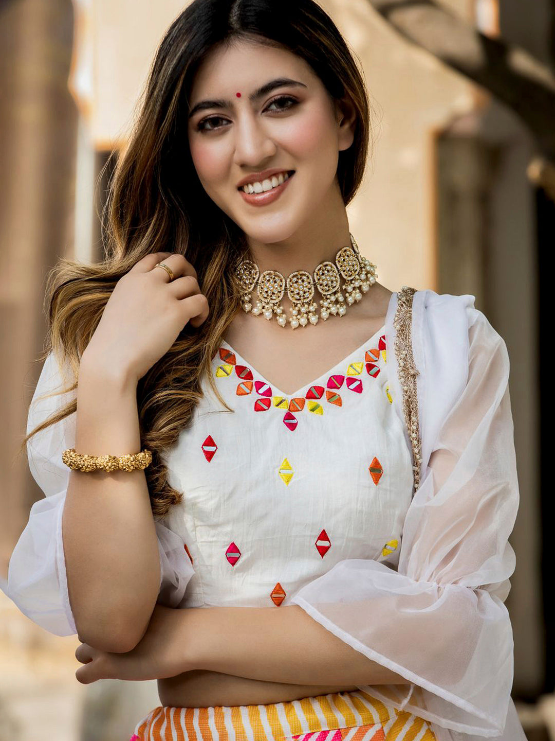 White Organza Embroidered Semi Stitched Lehenga Choli with Dupatta
