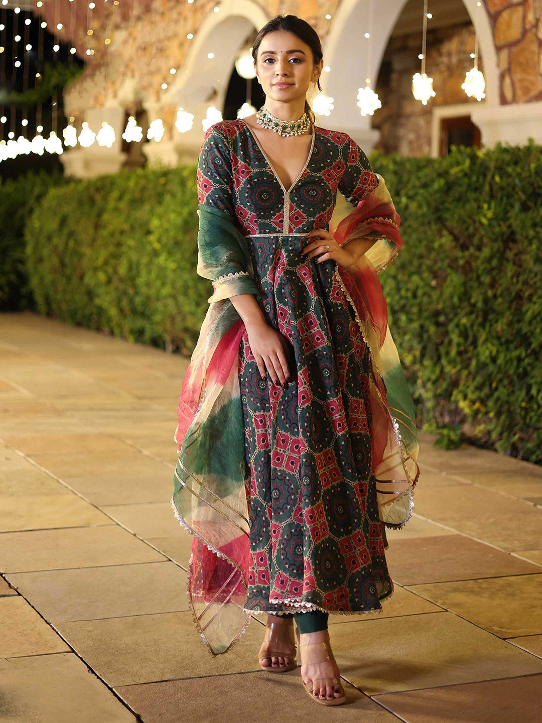 Green-Multi Embroidered Muslin Kurta Pant Dupatta