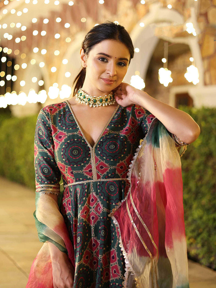 Green-Multi Embroidered Muslin Kurta Pant Dupatta