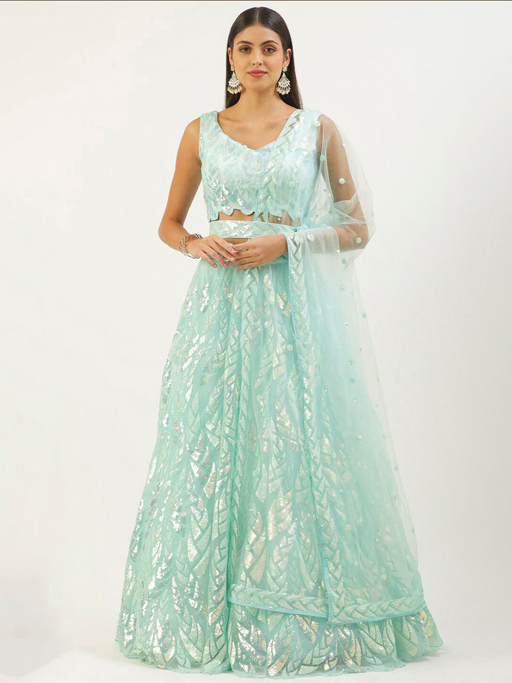 Blue Net Embroidered Semi Stitched Lehenga Choli with Dupatta