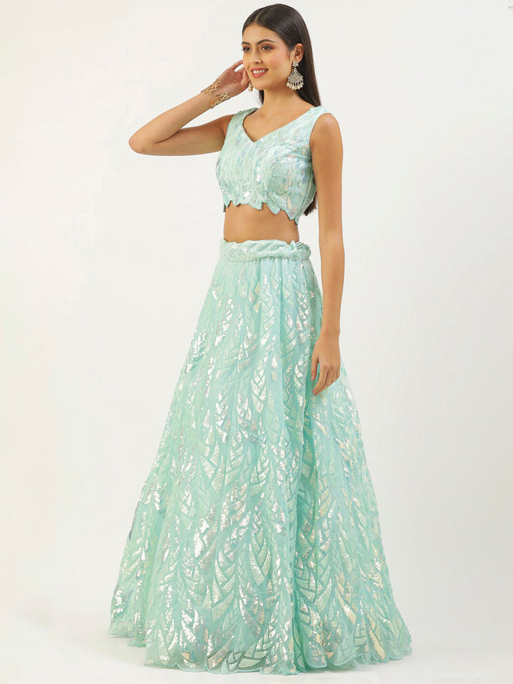 Blue Net Embroidered Semi Stitched Lehenga Choli with Dupatta