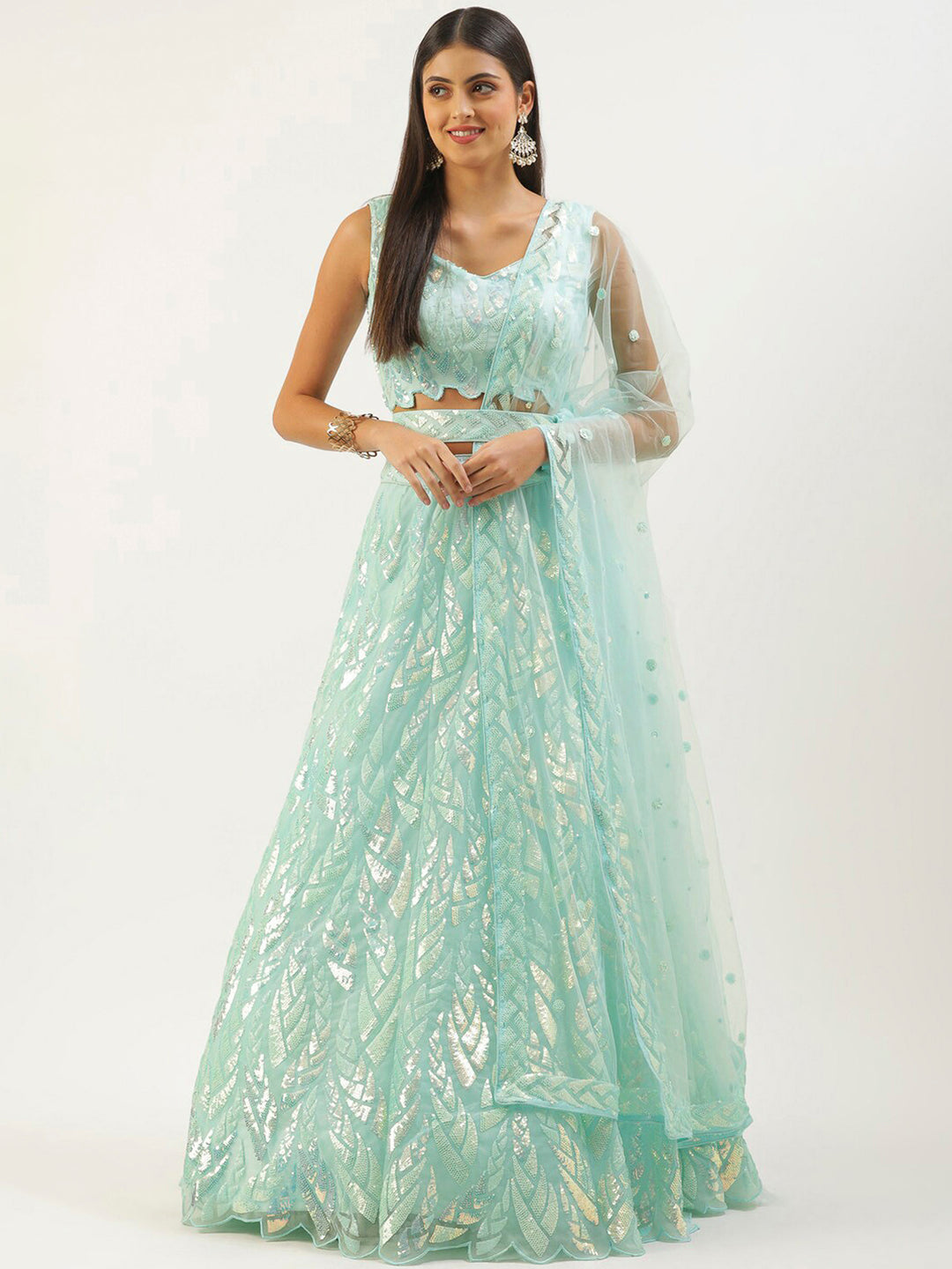 Blue Net Embroidered Semi Stitched Lehenga Choli with Dupatta