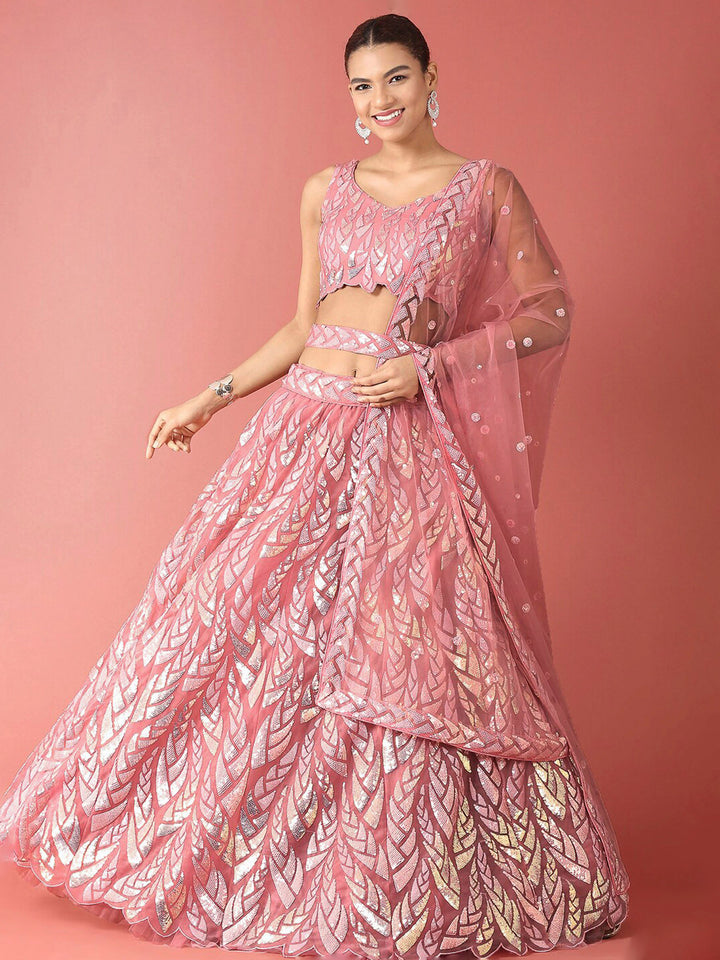 Pink Net Embroidered Semi Stitched Lehenga Choli with Dupatta