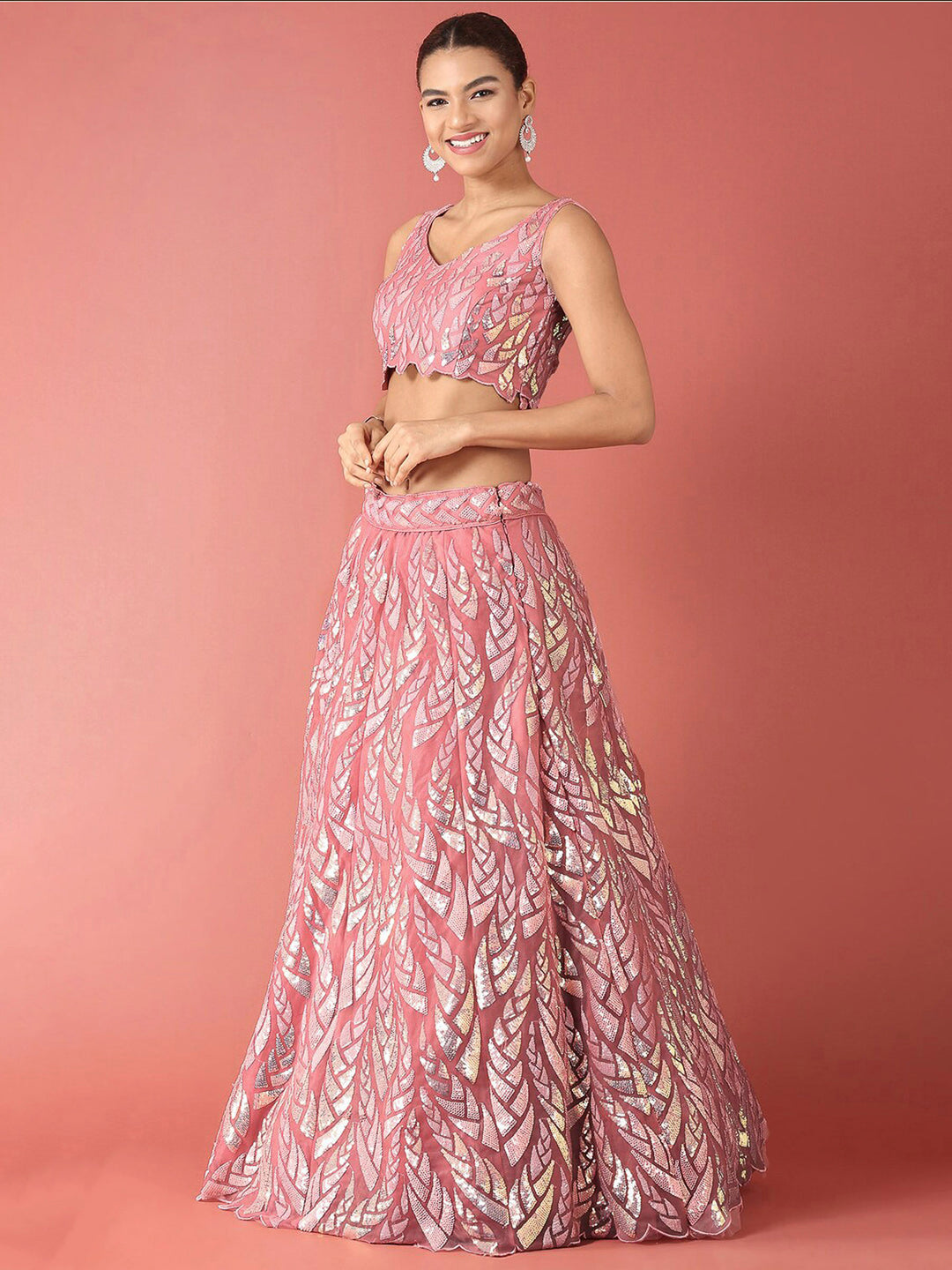 Pink Net Embroidered Semi Stitched Lehenga Choli with Dupatta
