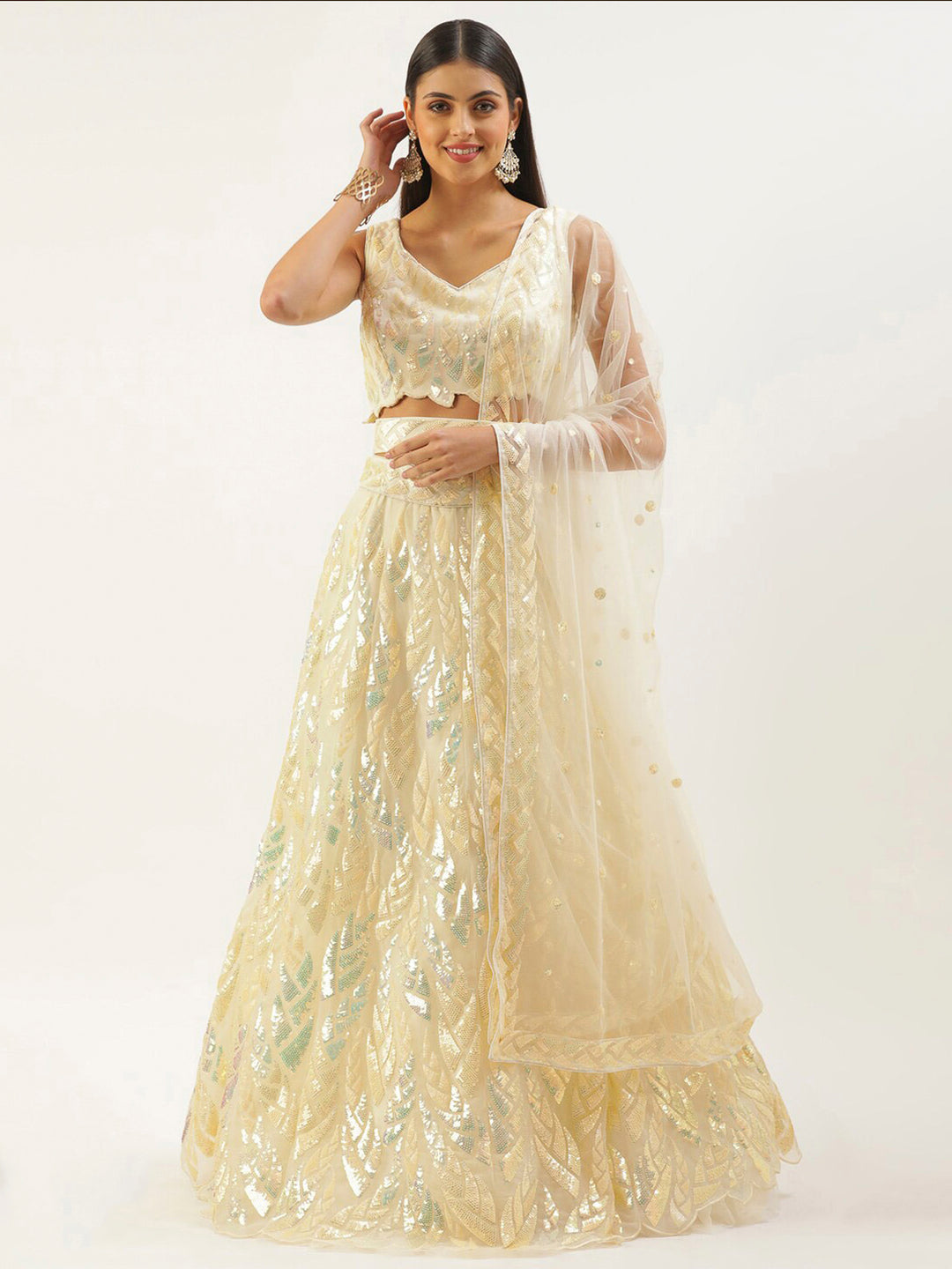 Yellow Net Embroidered Semi Stitched Lehenga Choli with Dupatta