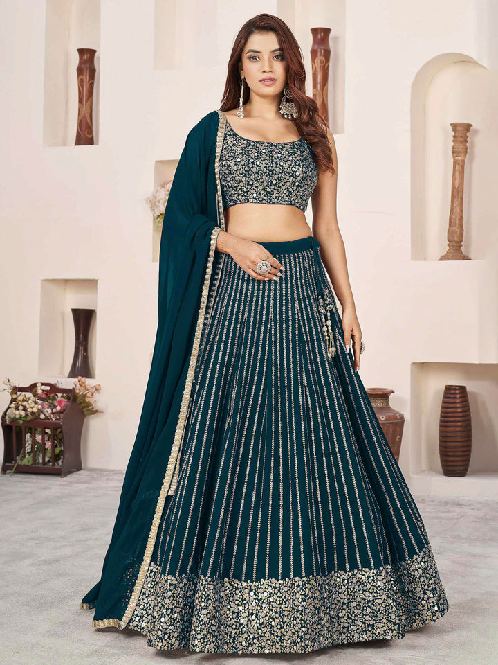 Green Georgette Embroidered Semi Stitched Lehenga Choli with Dupatta