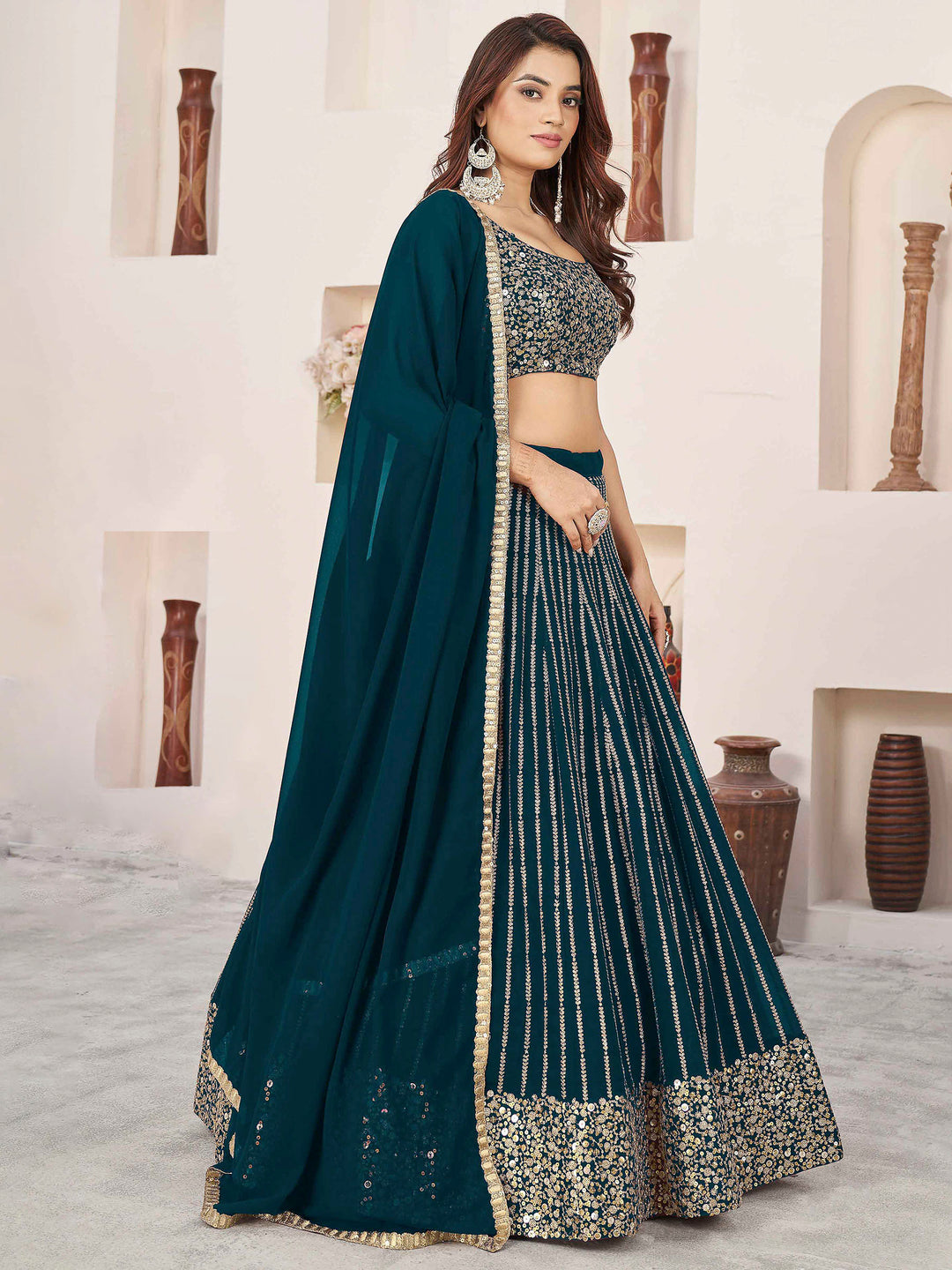 Green Georgette Embroidered Semi Stitched Lehenga Choli with Dupatta